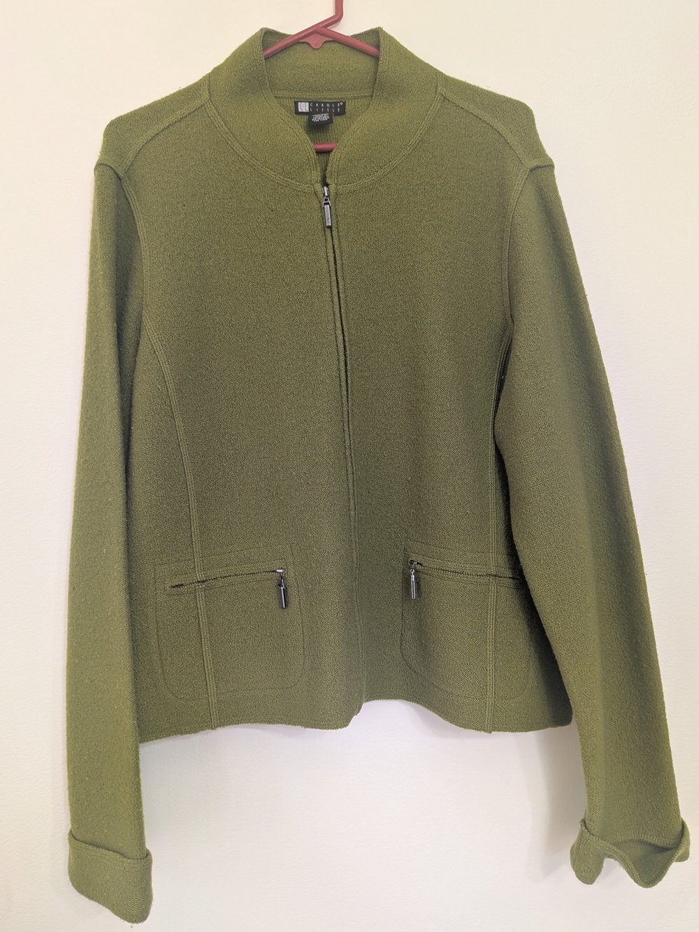 Carole Little 100% Wool Olive Green Zip Down Cardigan